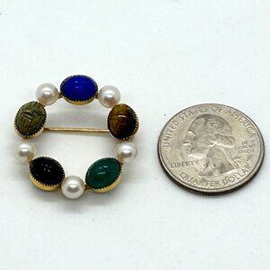 Vtg Wells Brooch Egyptian Revival Scarab Stone14k Gold-Filled Faux Pearl Wreath